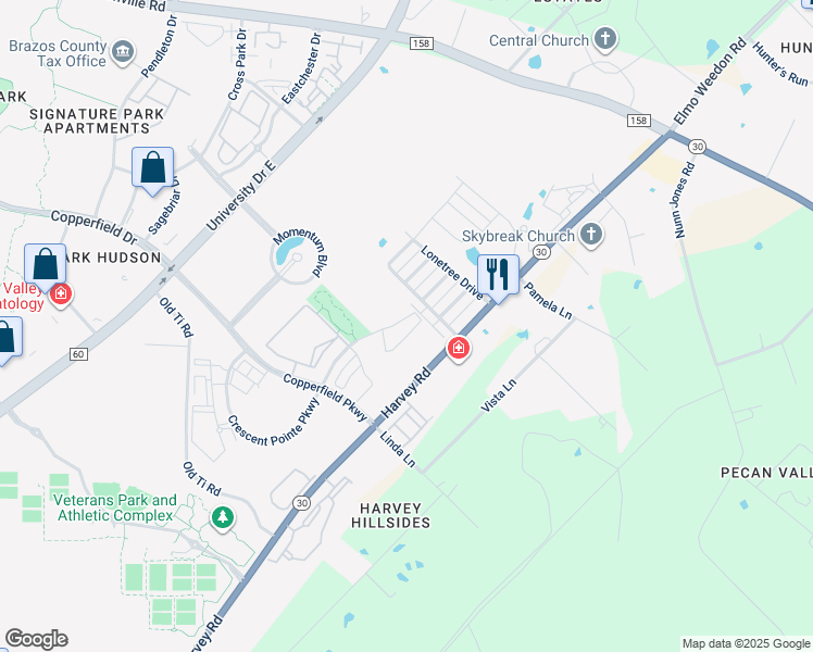 map of restaurants, bars, coffee shops, grocery stores, and more near 1411 Crescent Ridge Drive in College Station