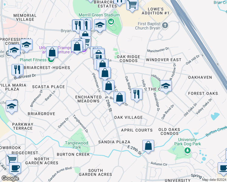 map of restaurants, bars, coffee shops, grocery stores, and more near 1803 Briar Oaks Drive in Bryan