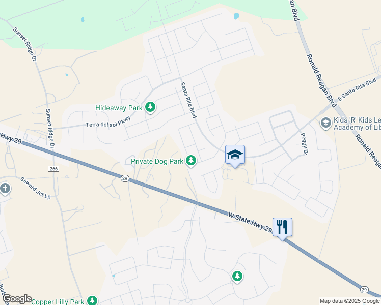 map of restaurants, bars, coffee shops, grocery stores, and more near 309 Clear Fork Loop in Liberty Hill