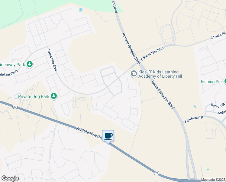 map of restaurants, bars, coffee shops, grocery stores, and more near 112 Assisi Lane in Liberty Hill