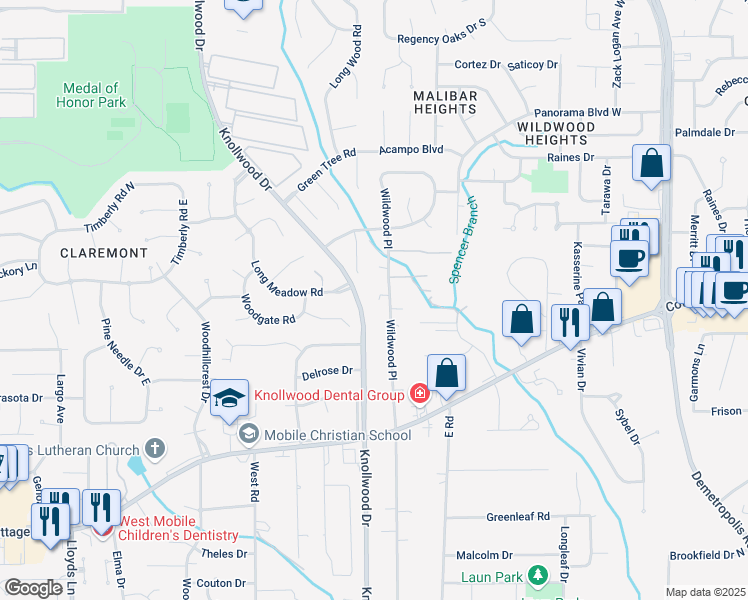 map of restaurants, bars, coffee shops, grocery stores, and more near 2008 Wildwood Place in Mobile