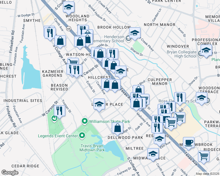 map of restaurants, bars, coffee shops, grocery stores, and more near 401 Lake Street in Bryan
