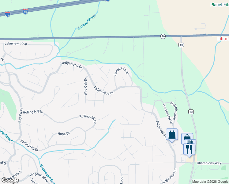 map of restaurants, bars, coffee shops, grocery stores, and more near 100 Donette Loop in Daphne