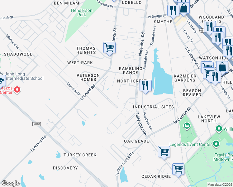 map of restaurants, bars, coffee shops, grocery stores, and more near 1214 Bittle Lane in Bryan