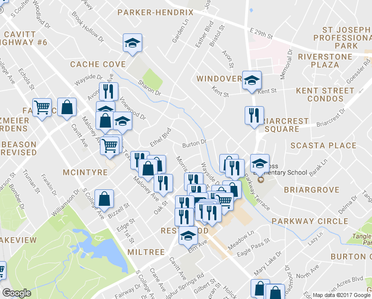 map of restaurants, bars, coffee shops, grocery stores, and more near Burton Dr in Bryan