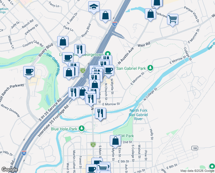 map of restaurants, bars, coffee shops, grocery stores, and more near 906 North Myrtle Street in Georgetown