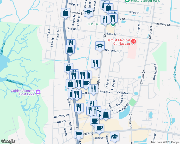 map of restaurants, bars, coffee shops, grocery stores, and more near 1699 Windjammer Ln in Fernandina Beach