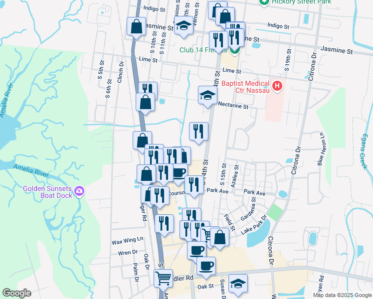 map of restaurants, bars, coffee shops, grocery stores, and more near 1699 Windjammer Lane in Fernandina Beach