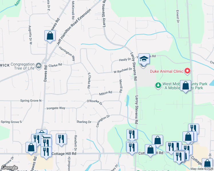 map of restaurants, bars, coffee shops, grocery stores, and more near 8330 Jeptha Court in Mobile