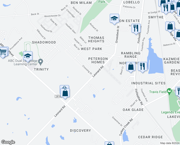 map of restaurants, bars, coffee shops, grocery stores, and more near 1140 Crossing Drive in Bryan