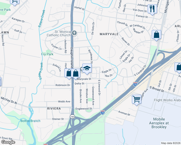 map of restaurants, bars, coffee shops, grocery stores, and more near 1323 Bordeaux Drive in Mobile