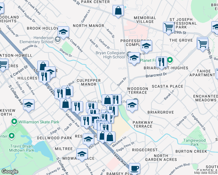 map of restaurants, bars, coffee shops, grocery stores, and more near 2602 Melba Circle in Bryan