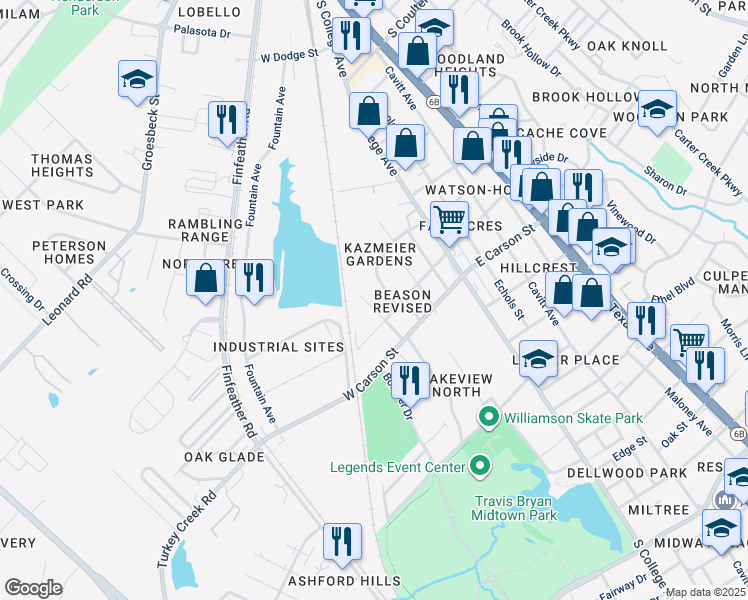 map of restaurants, bars, coffee shops, grocery stores, and more near 1905 Beason Street in Bryan