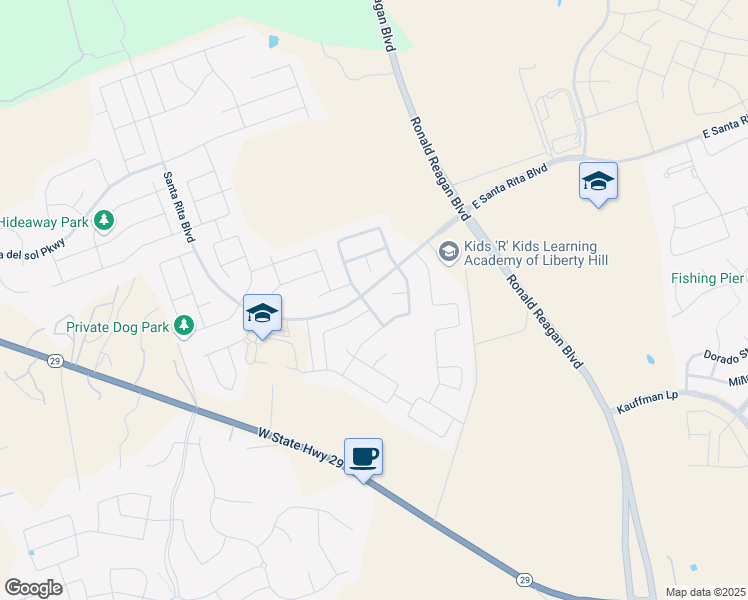 map of restaurants, bars, coffee shops, grocery stores, and more near 124 Assisi Lane in Liberty Hill
