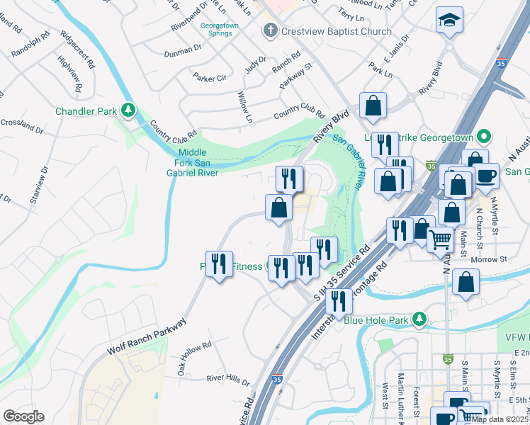 map of restaurants, bars, coffee shops, grocery stores, and more near 1503 Rivery Boulevard in Georgetown
