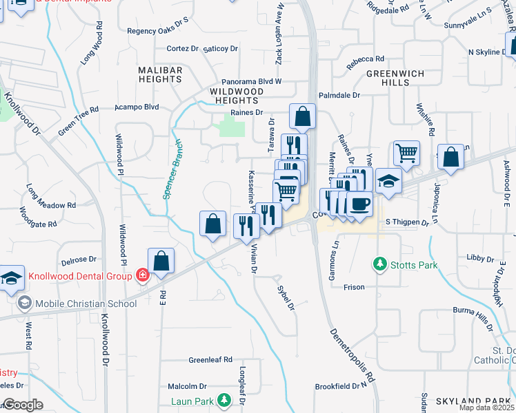 map of restaurants, bars, coffee shops, grocery stores, and more near 4305 Nadzab Court in Mobile