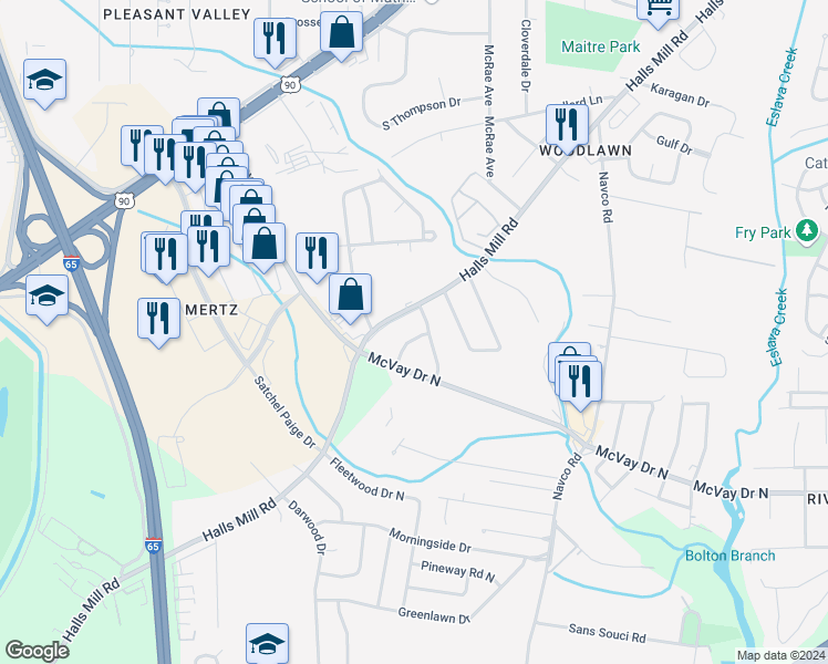 map of restaurants, bars, coffee shops, grocery stores, and more near 2804 Hughes Street in Mobile