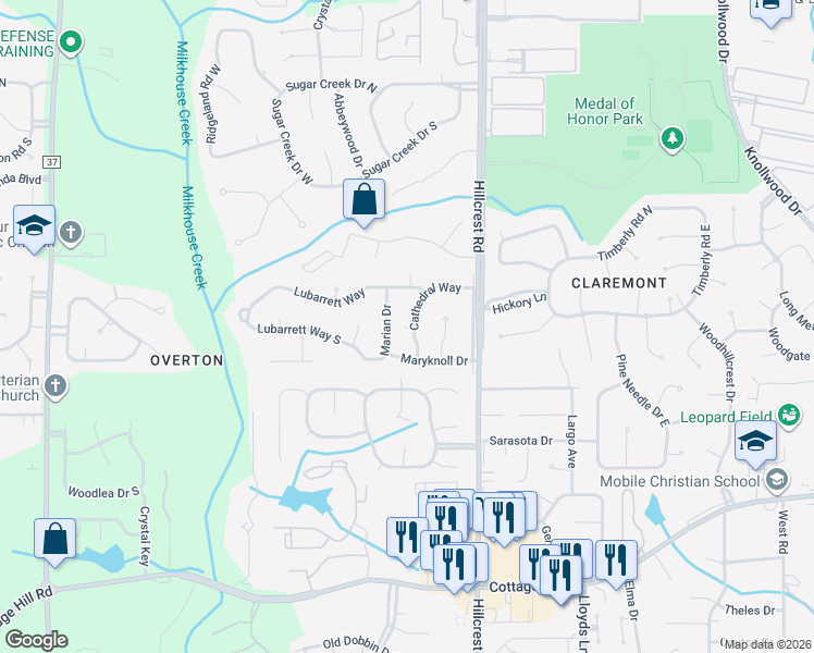 map of restaurants, bars, coffee shops, grocery stores, and more near 2016 Cathedral Way in Mobile