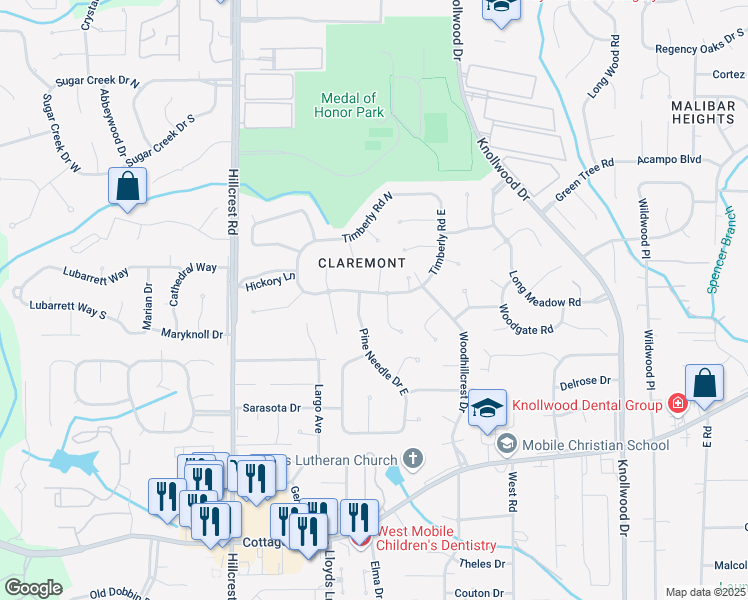 map of restaurants, bars, coffee shops, grocery stores, and more near 6036 Timberly Road South in Mobile
