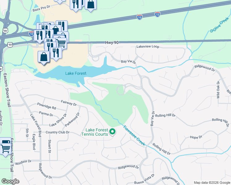 map of restaurants, bars, coffee shops, grocery stores, and more near 1 Golf Terrace in Daphne