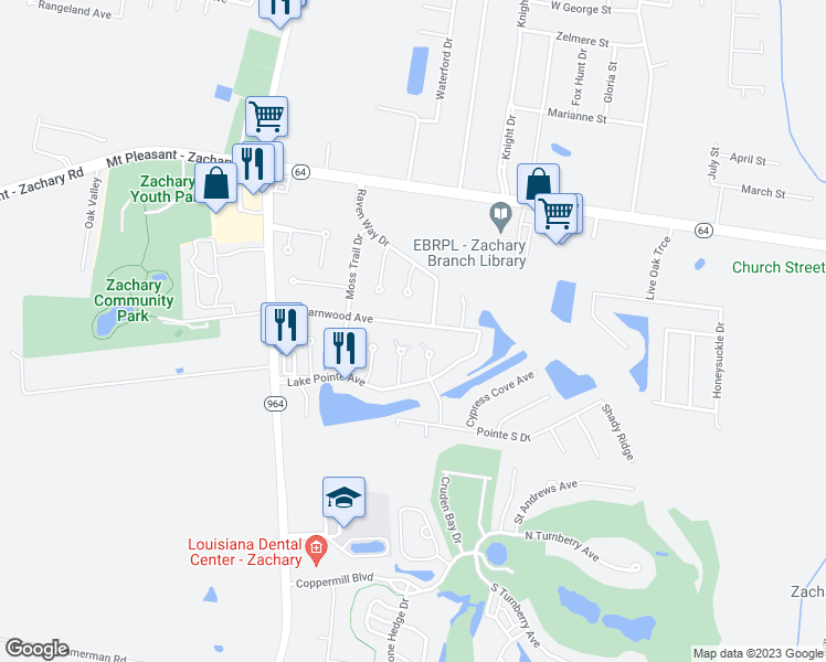 map of restaurants, bars, coffee shops, grocery stores, and more near 1754 Old Barnwood Avenue in Zachary