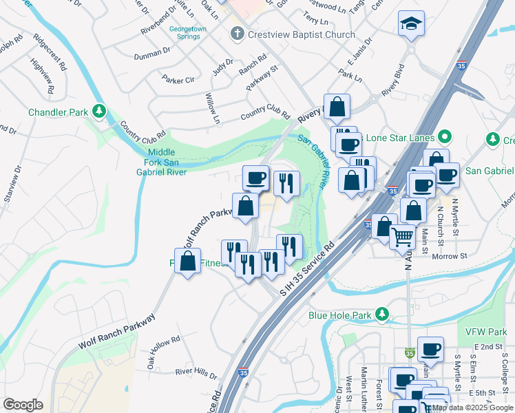 map of restaurants, bars, coffee shops, grocery stores, and more near 1502 Rivery Boulevard in Georgetown