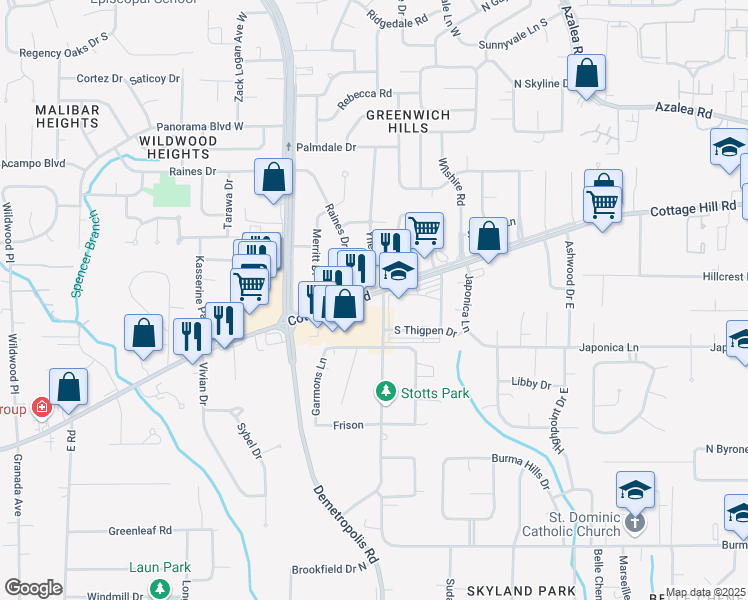 map of restaurants, bars, coffee shops, grocery stores, and more near 5012 Cottage Hill Road in Mobile