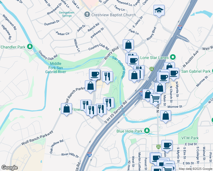 map of restaurants, bars, coffee shops, grocery stores, and more near 1101 Woodlawn Street in Georgetown