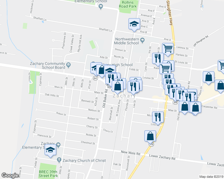 map of restaurants, bars, coffee shops, grocery stores, and more near High Street in Zachary