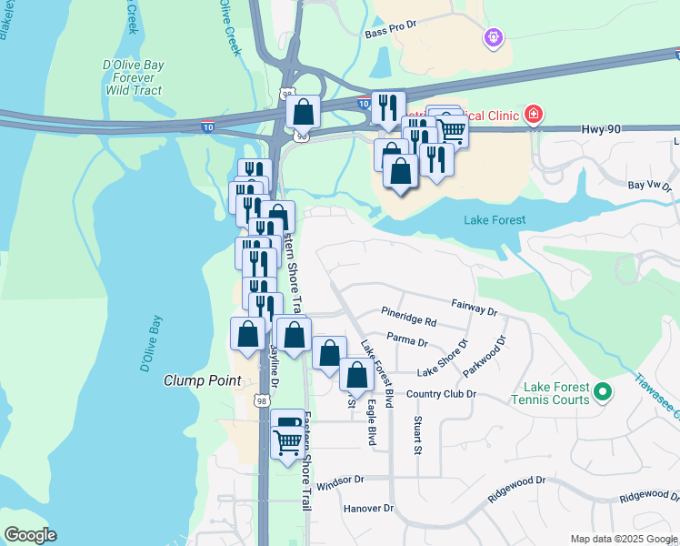 map of restaurants, bars, coffee shops, grocery stores, and more near 1000 Dolive Springs Drive in Daphne