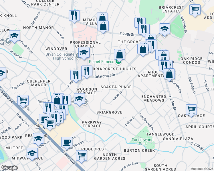 map of restaurants, bars, coffee shops, grocery stores, and more near 1411 Broadmoor Drive in Bryan