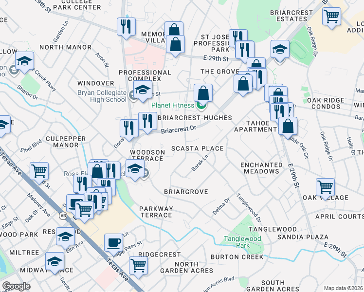map of restaurants, bars, coffee shops, grocery stores, and more near 1411 Broadmoor Drive in Bryan