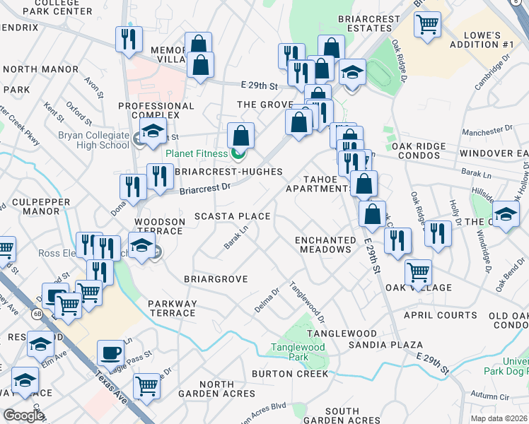 map of restaurants, bars, coffee shops, grocery stores, and more near 1503 Barak Lane in Bryan