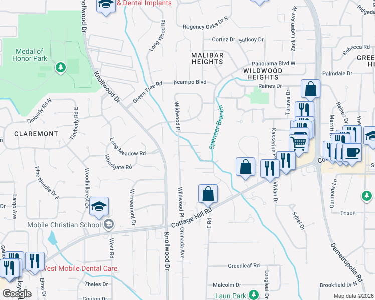 map of restaurants, bars, coffee shops, grocery stores, and more near 1931-1939 Wildwood Place in Mobile