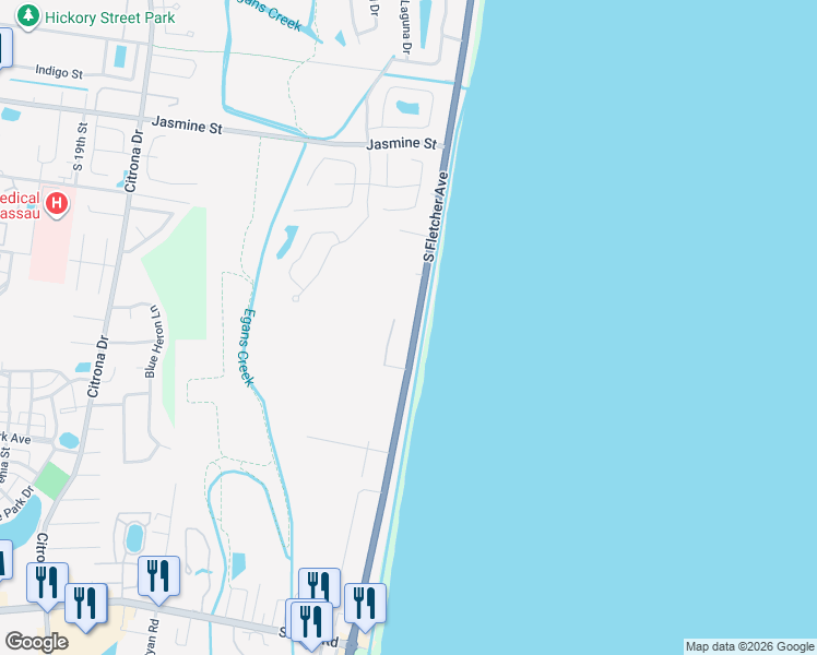 map of restaurants, bars, coffee shops, grocery stores, and more near 1255 South Fletcher Avenue in Fernandina Beach