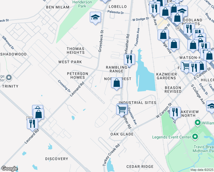 map of restaurants, bars, coffee shops, grocery stores, and more near 905 Northcrest Drive in Bryan