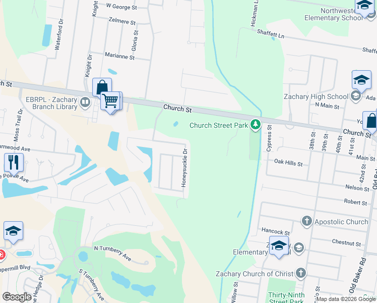 map of restaurants, bars, coffee shops, grocery stores, and more near 2732 Creek Hollow Avenue in Zachary