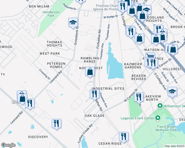 map of restaurants, bars, coffee shops, grocery stores, and more near 2000 Finfeather Road in Bryan
