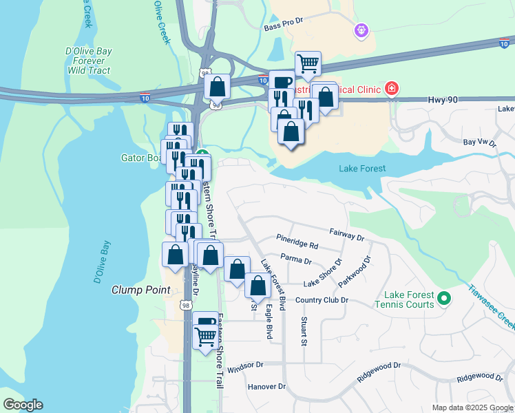 map of restaurants, bars, coffee shops, grocery stores, and more near 1000 Dolive Springs Drive in Daphne