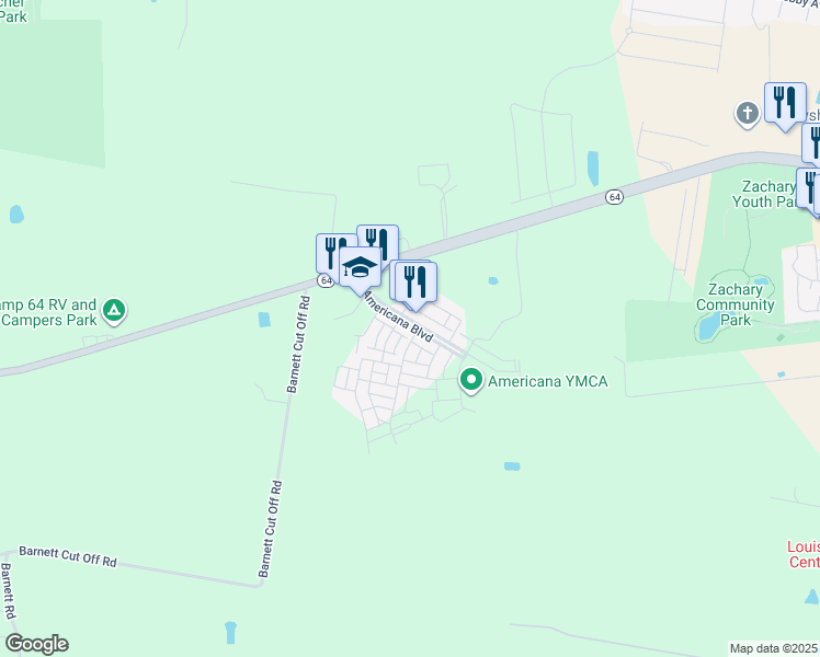 map of restaurants, bars, coffee shops, grocery stores, and more near 1235 Americana Boulevard in Zachary