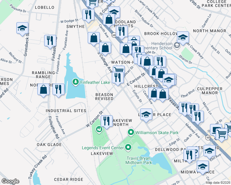 map of restaurants, bars, coffee shops, grocery stores, and more near 2001 Miller Avenue in Bryan