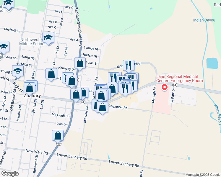 map of restaurants, bars, coffee shops, grocery stores, and more near 5647 Main Street in Zachary