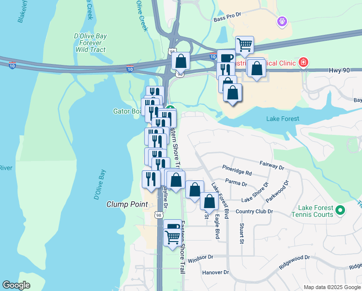 map of restaurants, bars, coffee shops, grocery stores, and more near 29100 North Main Street in Daphne