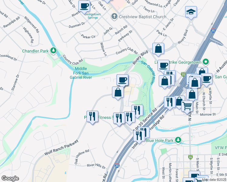 map of restaurants, bars, coffee shops, grocery stores, and more near 1503 Rivery Boulevard in Georgetown