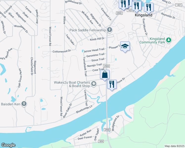 map of restaurants, bars, coffee shops, grocery stores, and more near 1619 Packsaddle Trail in Kingsland