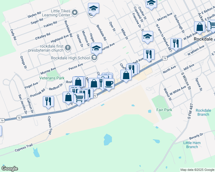 map of restaurants, bars, coffee shops, grocery stores, and more near 1204 West Cameron Avenue in Rockdale