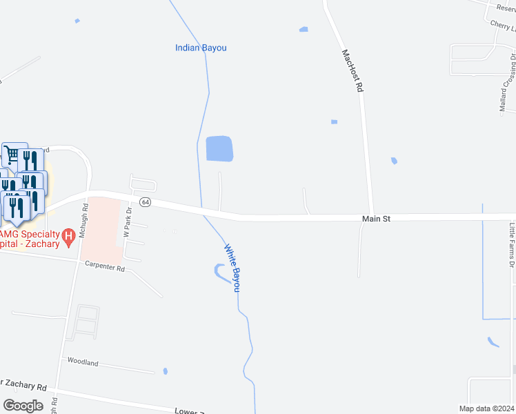 map of restaurants, bars, coffee shops, grocery stores, and more near 7415 Main Street in Zachary