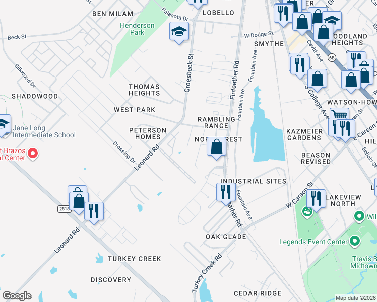 map of restaurants, bars, coffee shops, grocery stores, and more near 1214 Bittle Lane in Bryan