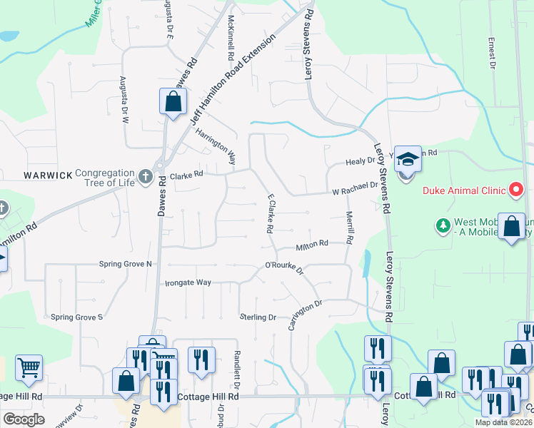 map of restaurants, bars, coffee shops, grocery stores, and more near 1996 East Clarke Road in Mobile