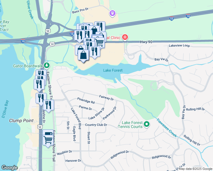 map of restaurants, bars, coffee shops, grocery stores, and more near 30 Lake Shore Drive in Daphne